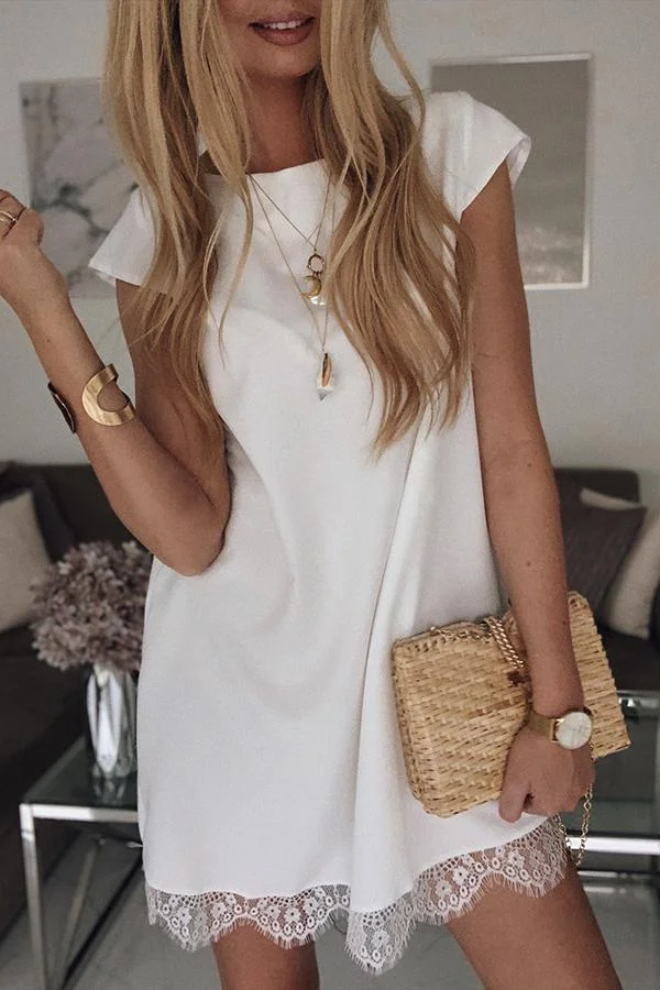 Womens Loose Round Neck Hem Lace Dress-Allyzone-Allyzone