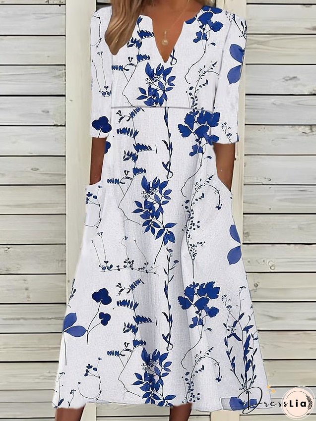 Casual Dress Summer Dress Print Dress Floral Ruched Pocket V Neck Midi Dress Active Fashion Outdoor Daily 3/4 Length Sleeve Loose Fit White Blue Green Summer Spring S M L XL XXL for Women