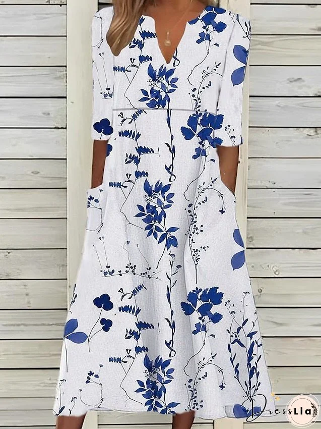 Casual Dress Summer Dress Print Dress Floral Ruched Pocket V Neck Midi Dress Active Fashion Outdoor Daily 3/4 Length Sleeve Loose Fit White Blue Green Summer Spring S M L XL XXL for Women