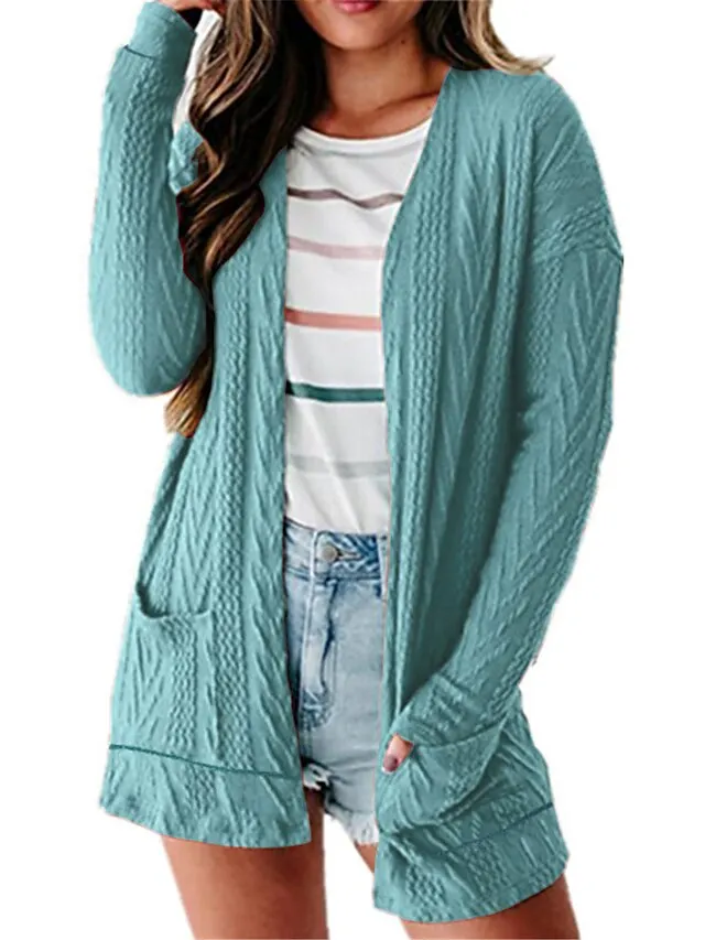 Womens Cardigan Sweater Jumper Cable Knit Pocket Solid Color Open Front Stylish Casual