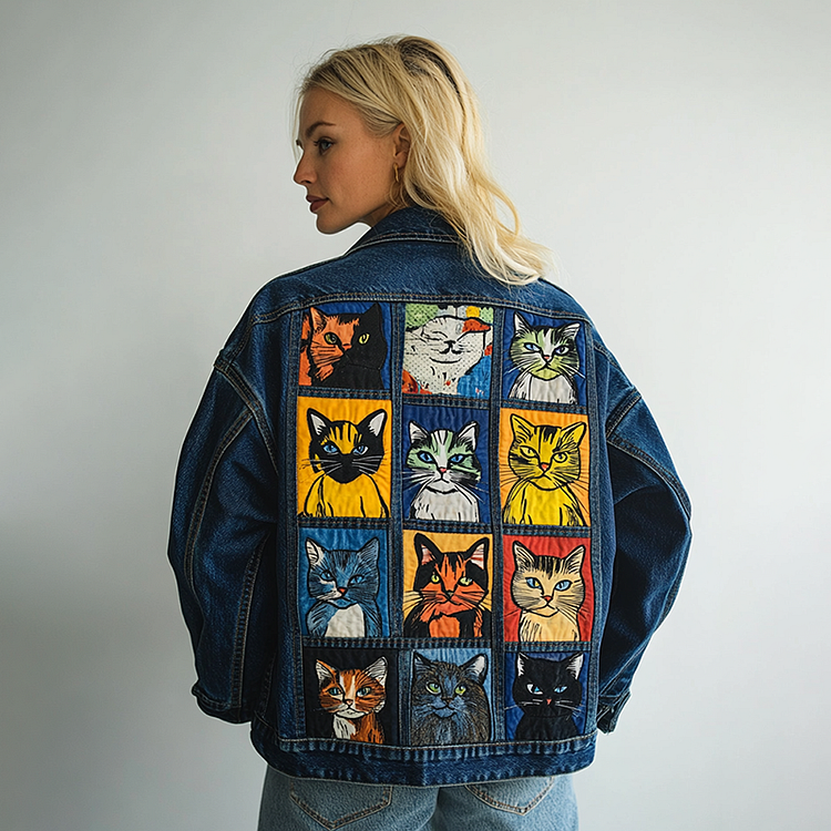 VChics Women's Pop Art Cat Expression Splicing Design Denim Jacket