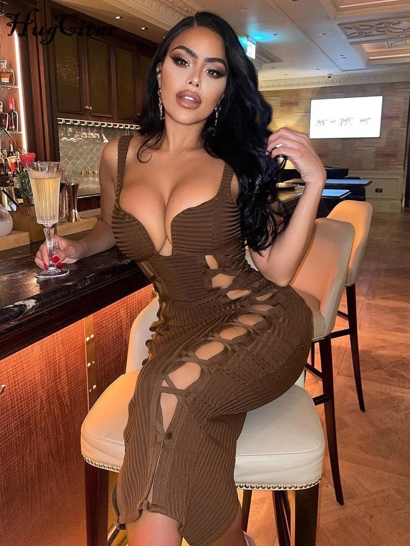 Hugcitar Velvet Backless Slip Sleeveless V Neck Cut Out Slit Sexy Maxi Dress Solid 2021 Bodycon Cute Evening Party Wear Y2K