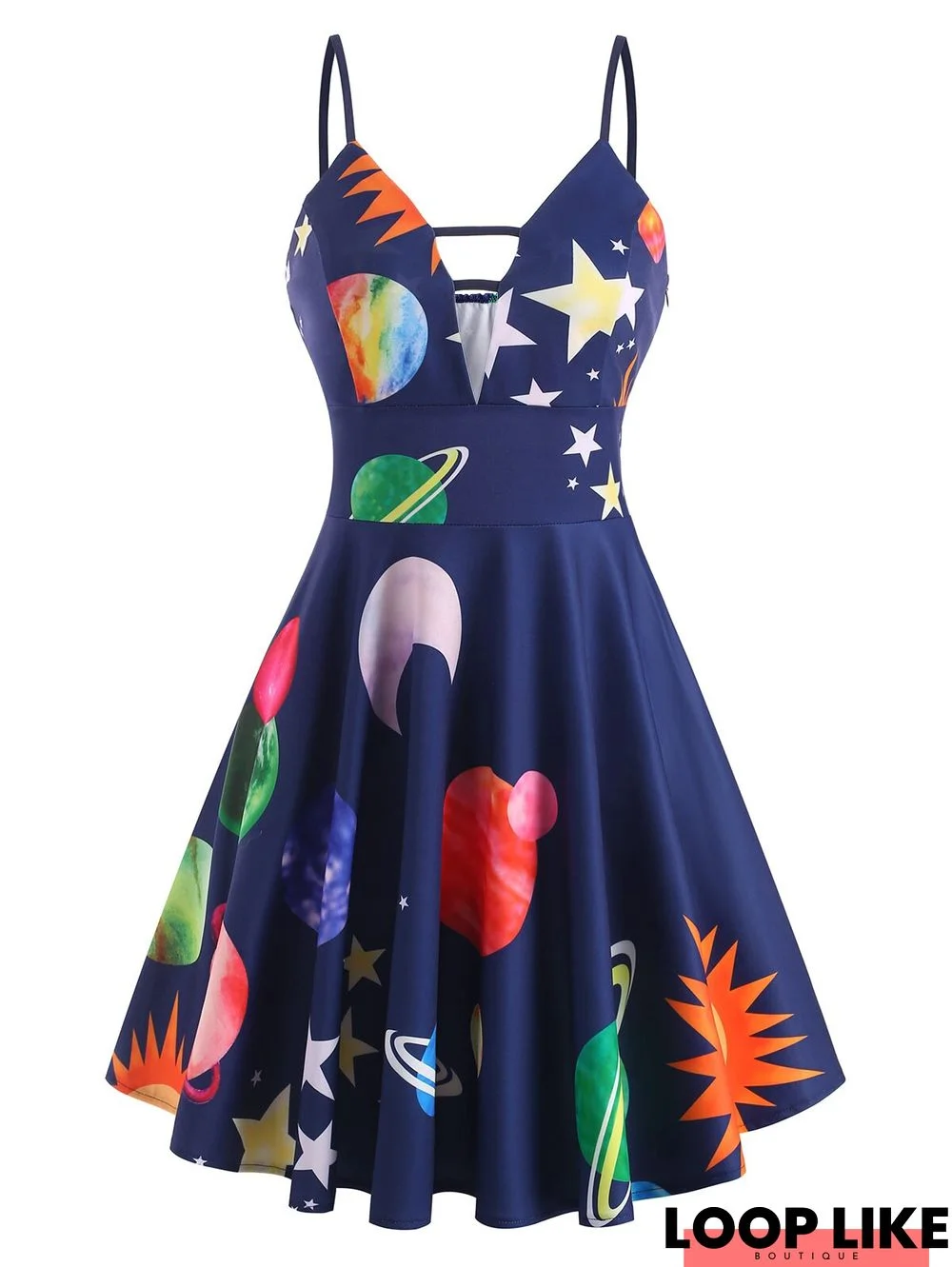 Vacation Women Dress Planet Strawberry Print Empire Waist Plunge Front Dress Sleeveless Mini Party Casual Dress Plus Size