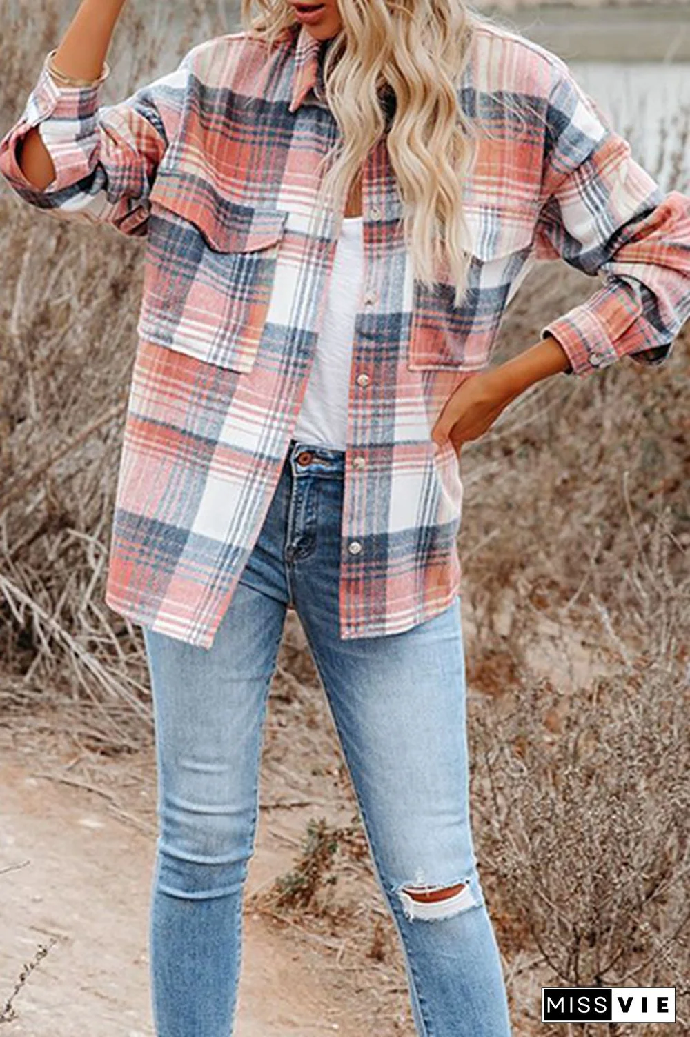 Casual Plaid Buckle Turndown Collar Outerwear