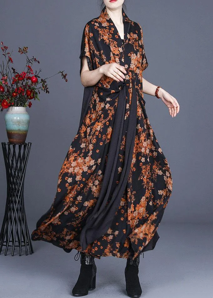 Natural Black Print Patchwork Silk Summer Maxi Dress