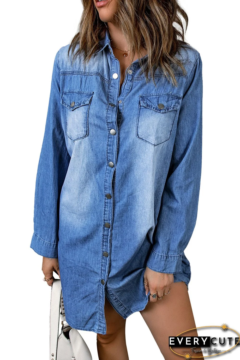 Sky Blue Flap Pockets Snap Button Denim Mini Dress