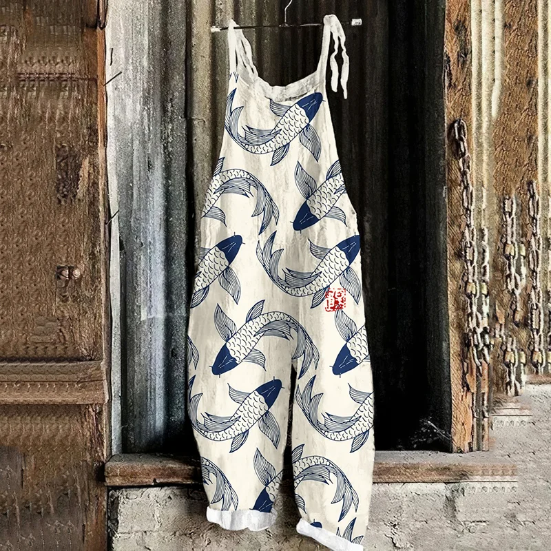 Vintage Japanese Art Koi Carp Printed Casual Jumpsuit