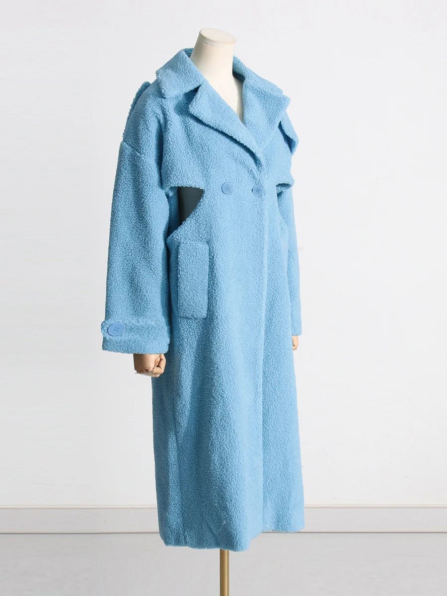 Toloer Toloer 2024 New Fashion Hollow Design Sense Kink Waist Show Thin Long Blue Plush Coat Female-Outfit Ideas