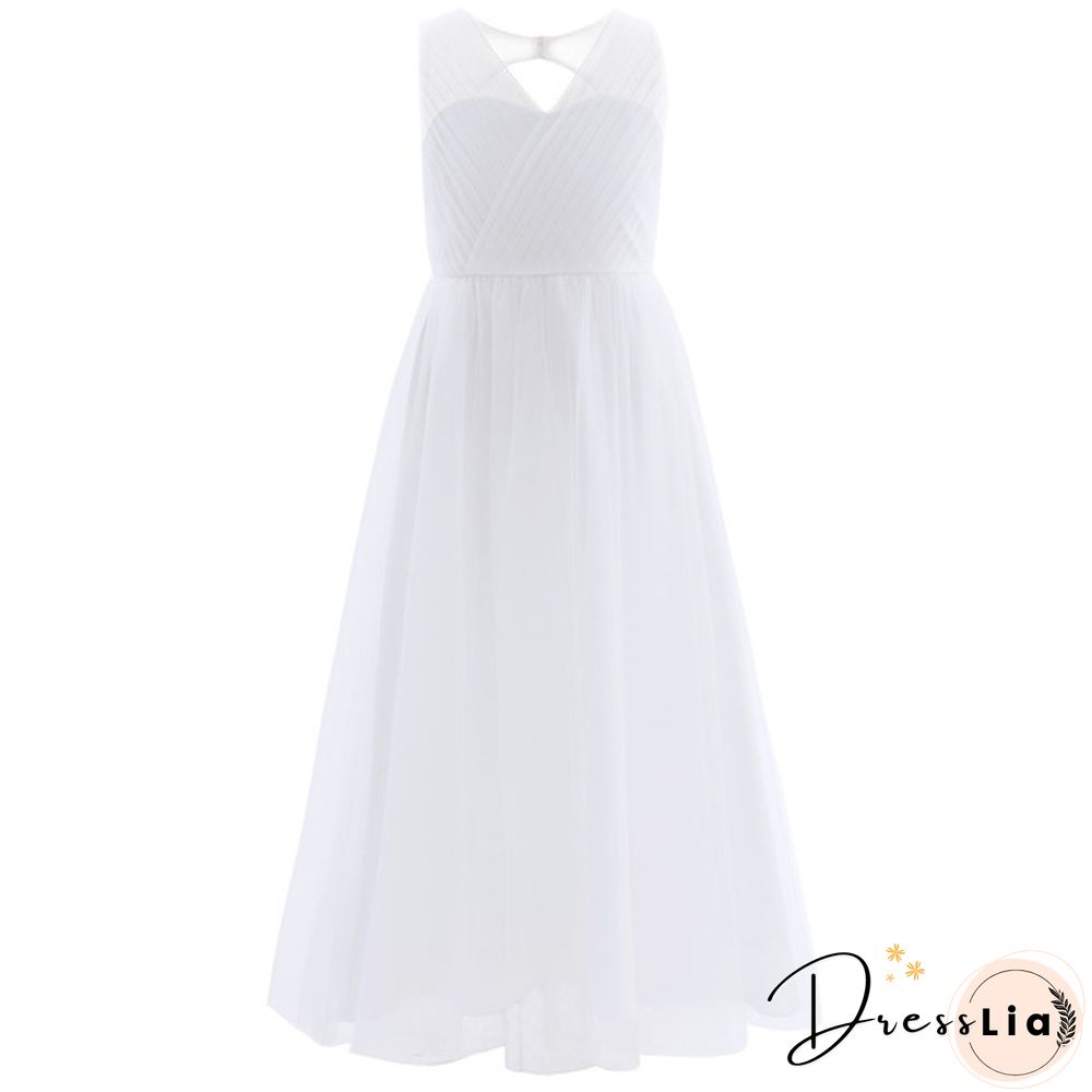 Girls Cutout Back Mesh Splice Sleeveless Flower Girl Junior Bridesmaid Dress Dance Party
