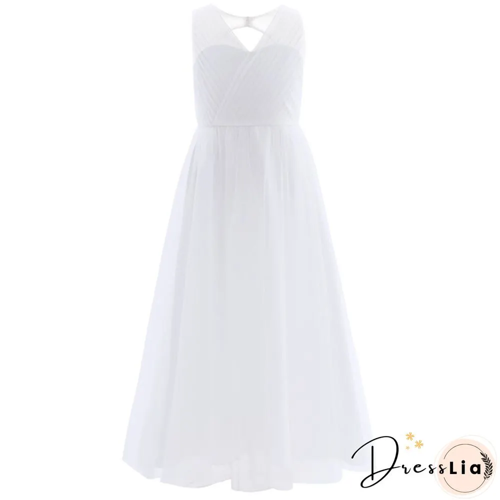 Girls Cutout Back Mesh Splice Sleeveless Flower Girl Junior Bridesmaid Dress Dance Party