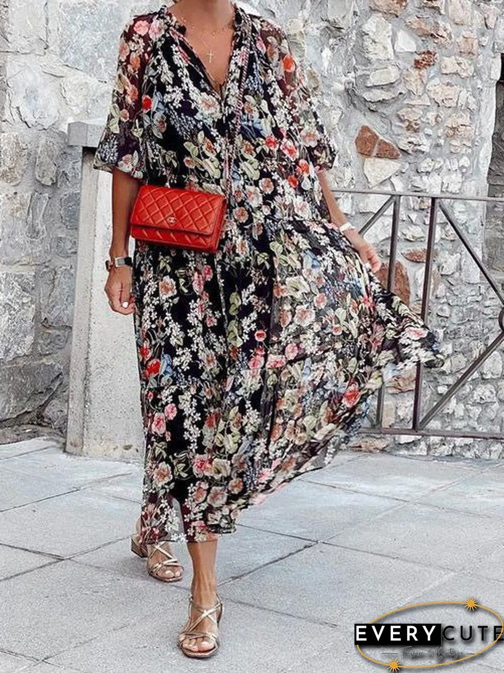 Women'S Dresses Loose V-Neck Lace-Up Print Dress