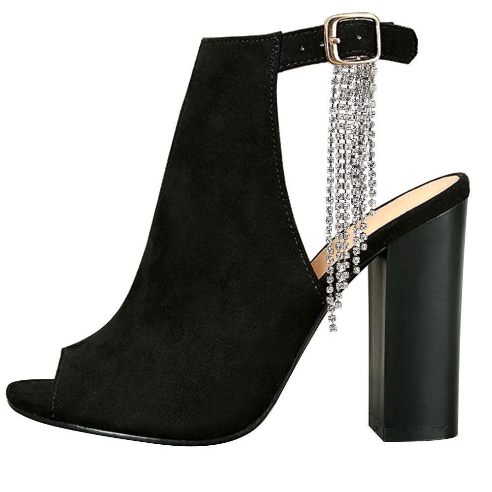 Black Peep Toe Chunky Heel Summer Boots with Rhinestone Tassels Nicepairs