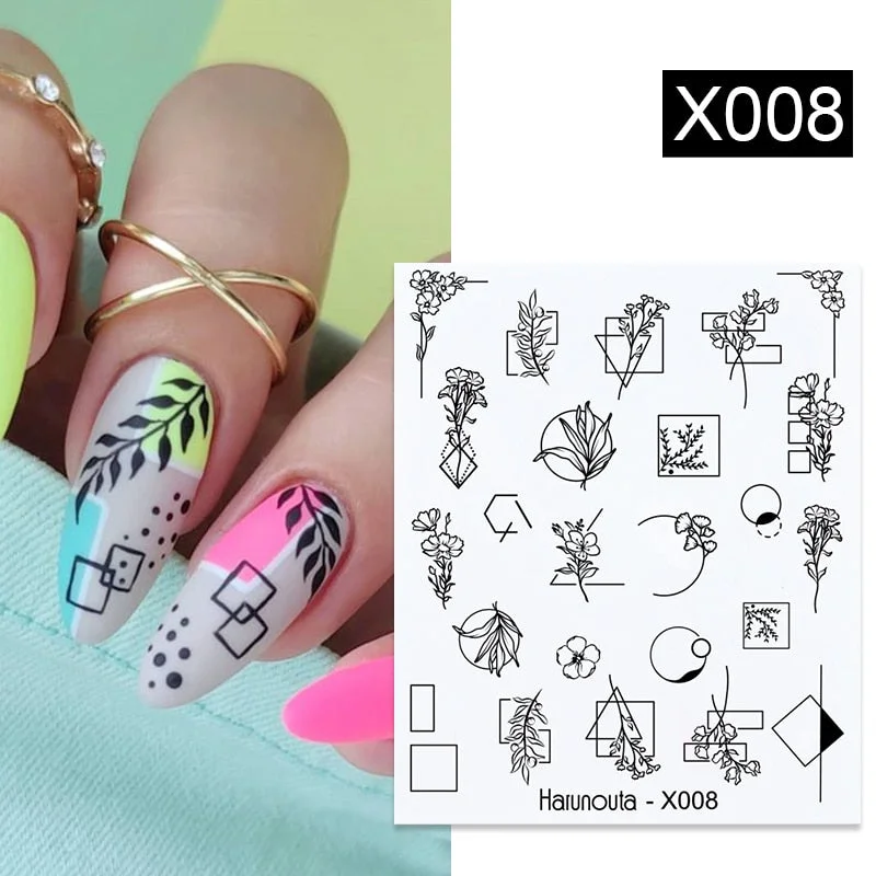 Harunouta Black Lines Flower Leaves Water Decals Stickers Floral Face Marble Pattern Slider For Nails Summer Nail Art Decoration