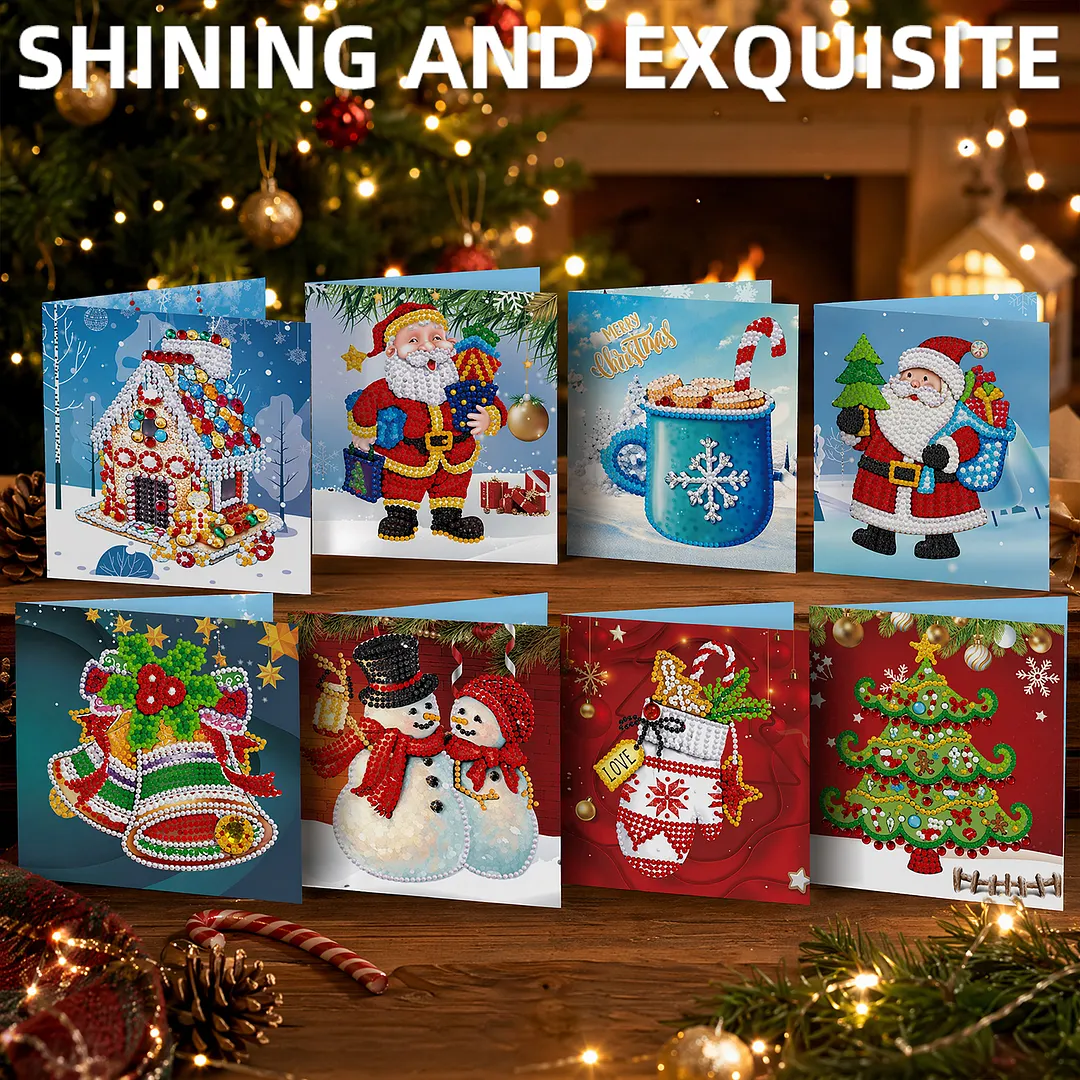 8PCS Merry Chrismas DIY Diamond Painting Greeting Card Kits with Envelopes Diamond Art Greeting Cards Diamond Art Cards Kits for Adults DIY Crafts Family Friend Gifts