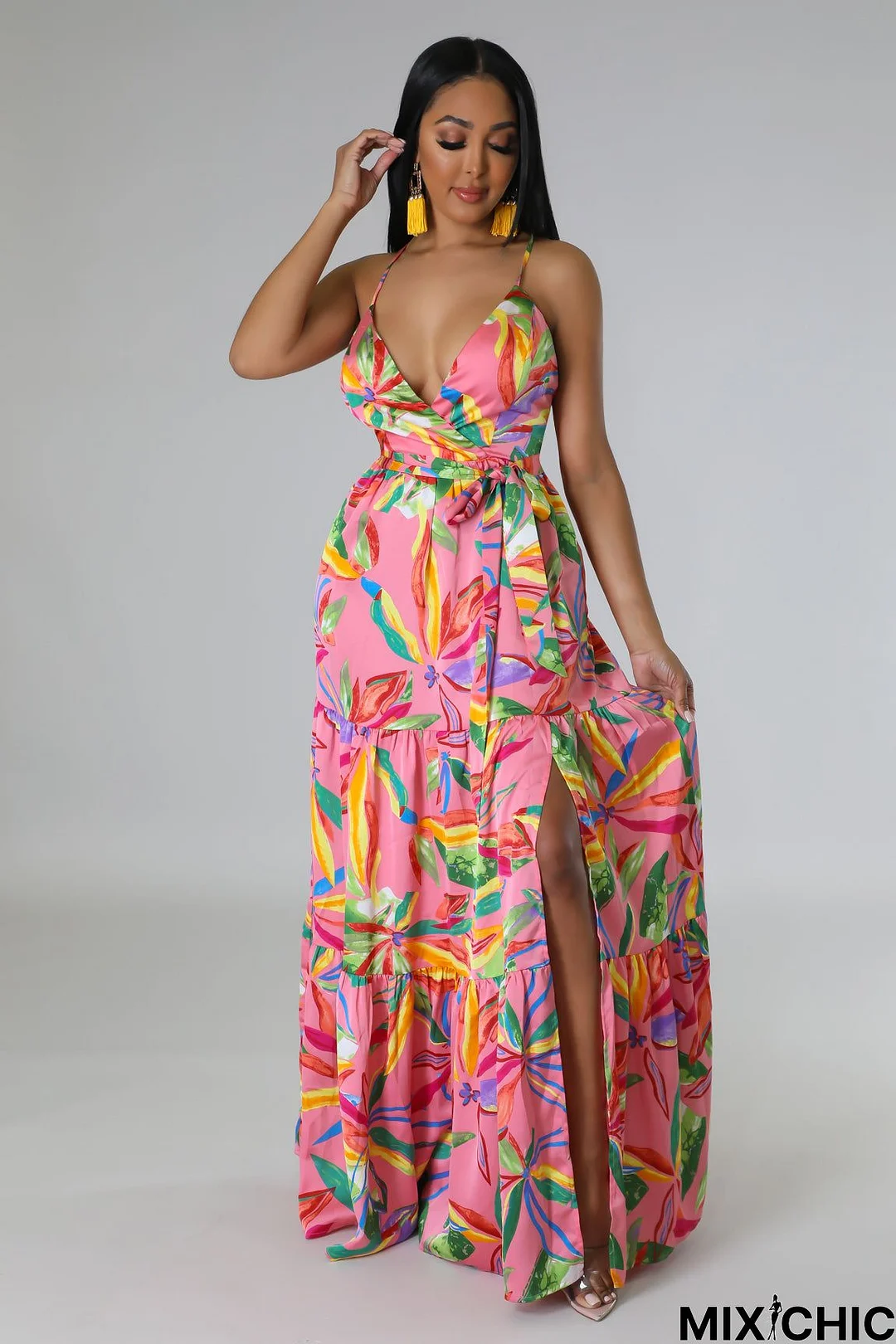 Floral V Neck Flowy Split Maxi Dress