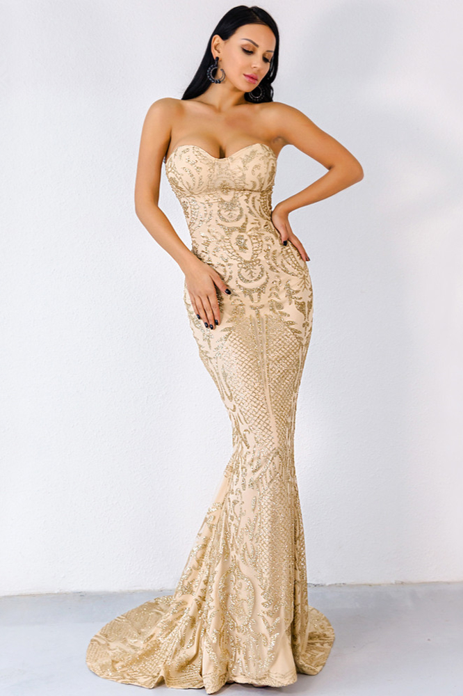gold sweetheart prom dress mermaid