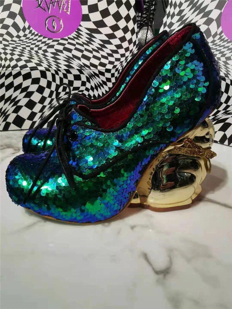 VCSHOES Gradient Color Bling Sequins Banquet Shoes Woman Round Toe Platform Rabbit-Shaped Strange Heel Women Pumps
