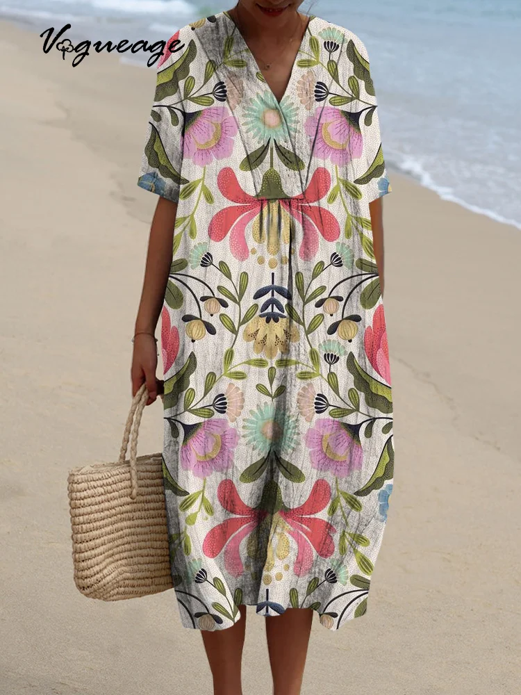 Simple And Stylish Flowers Printed Women's Casual Cotton And Linen Dress