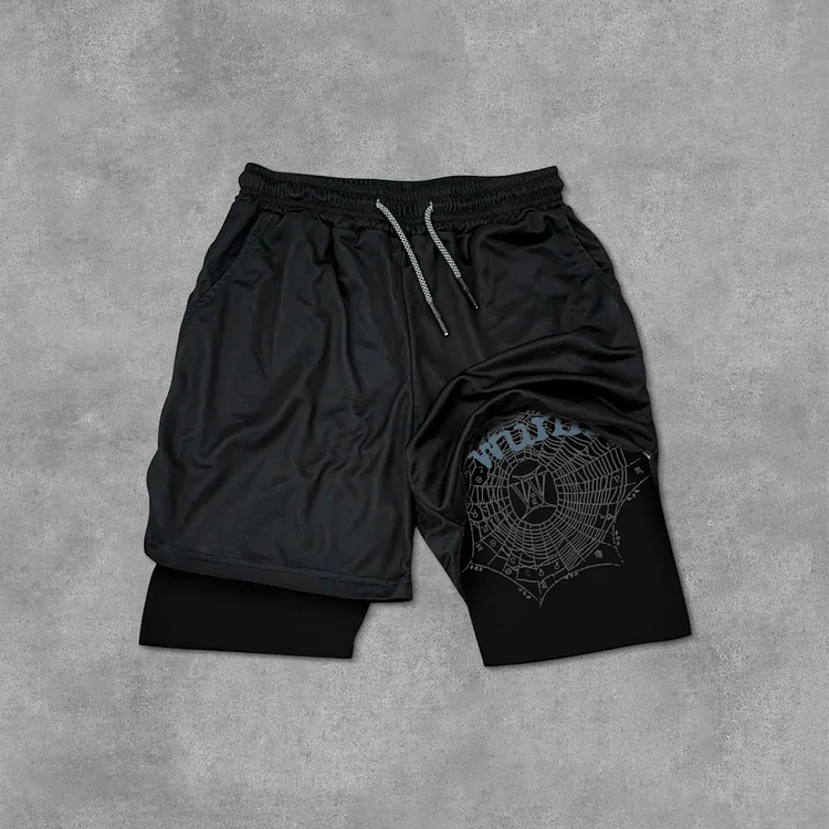 Spider Worldwide X Gunna Wunna Print Drawstring Double Layer Gym Shorts SOPULA