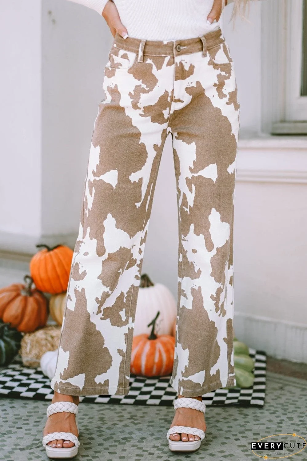 Chic Cow Print Flared Trousers
