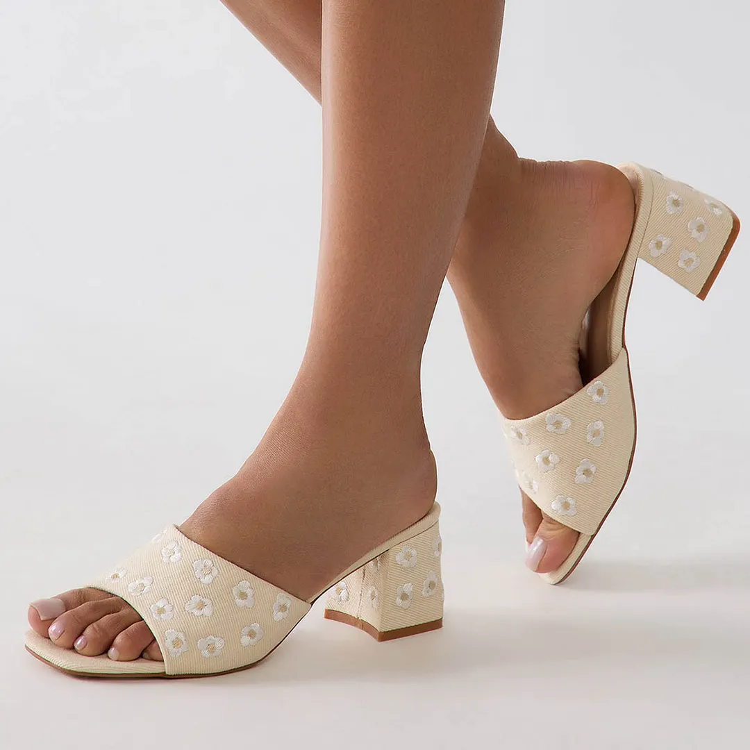 Chic Beige Open Toe Flower Embroidery Block Heel Mules Sandals