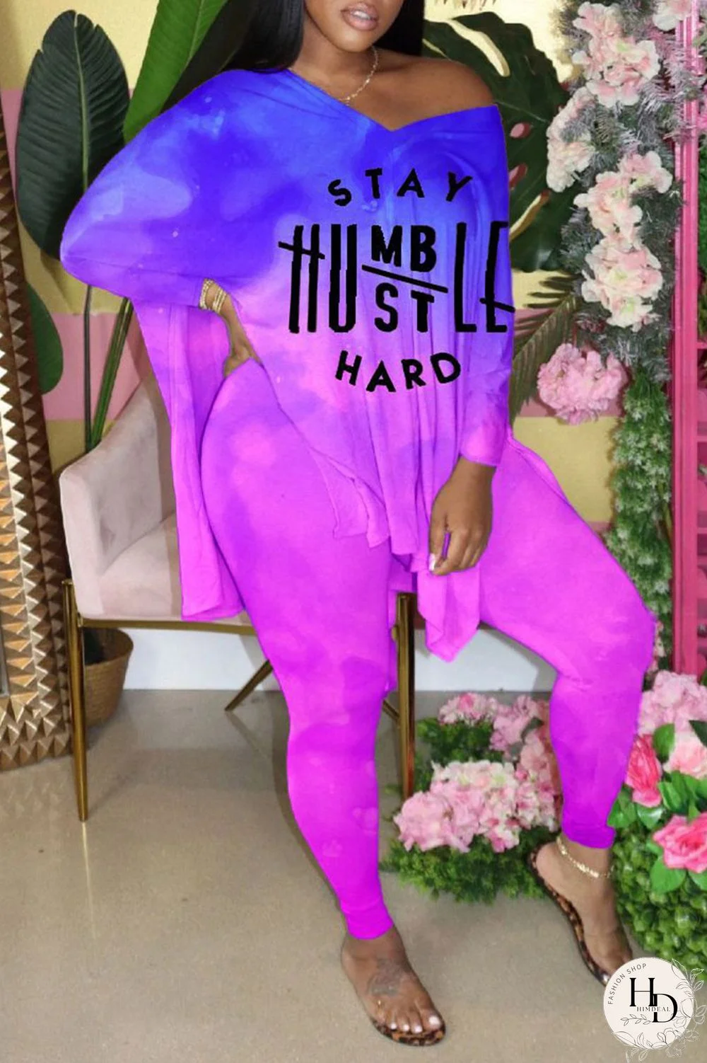 Yellow Fashion Casual Gradual Change Letter Print Slit V Neck Plus Size Two Pieces