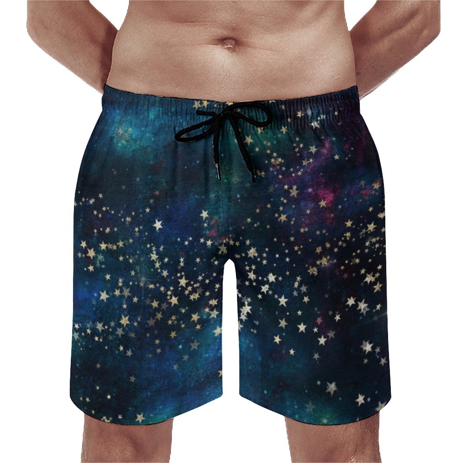 Celestial Sky Gold Stars Elegant Men's Swim Trunks Summer Board Shorts Quick Dry Beach Short with Pockets