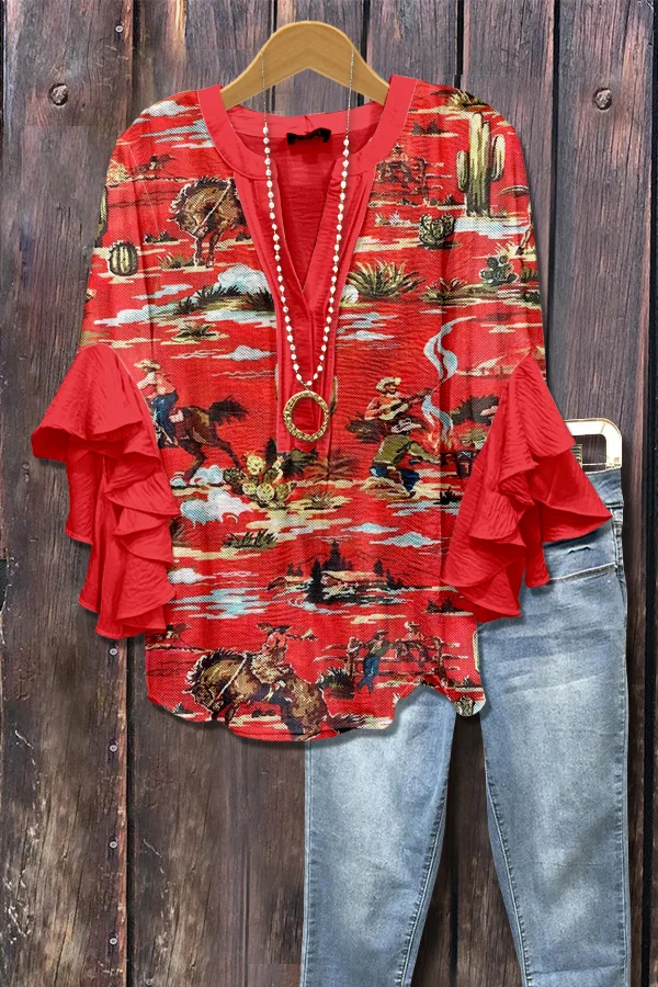 Retro Cowboy Print Ruffle Sleeve Top