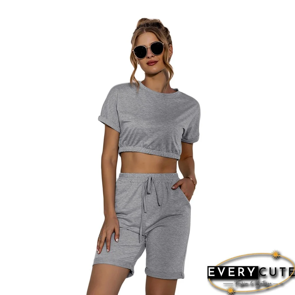 Light Gray Crop Top with Drawstring Shorts Set