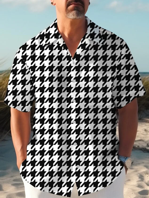 Mens Casual Classic Houndstooth Print Shirt Camp Collar Button up Big & Tall Shirt