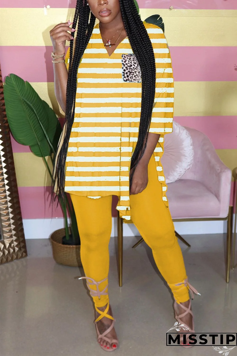 Yellow Milk Silk Casual Striped Print pencil Long Sleeve Two Pieces