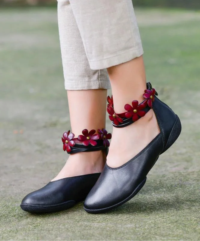 Genuine Leather Black Flat Shoes For Women Buckle Strap Flat Shoes For Women