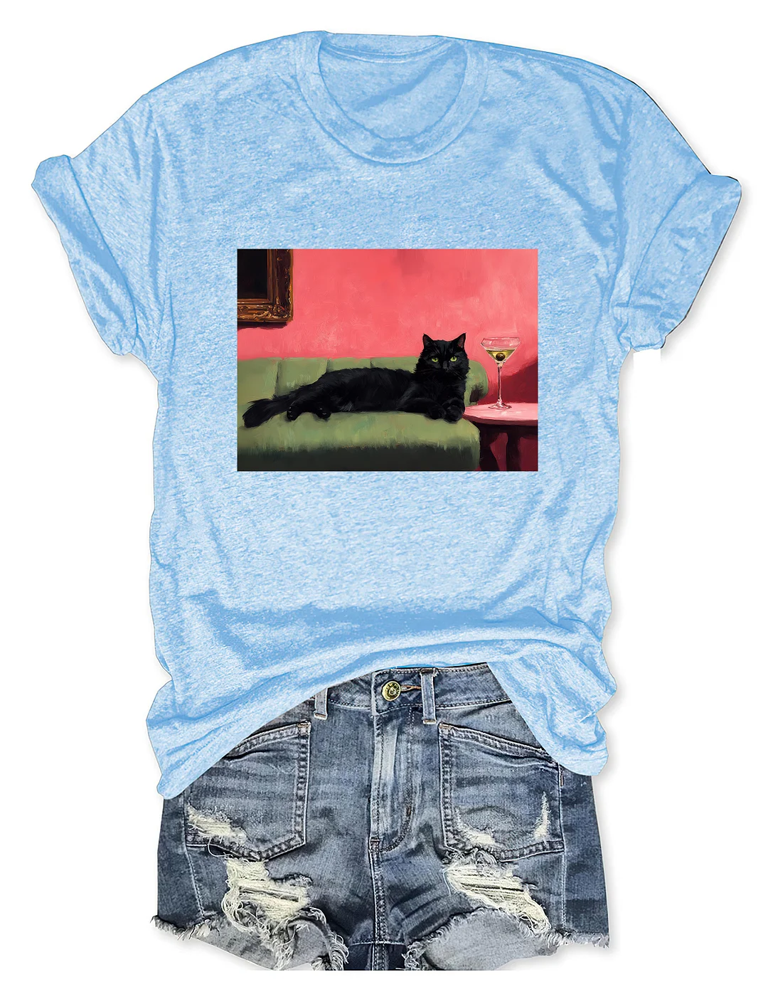 Black Cat With Martini Art T-shirt