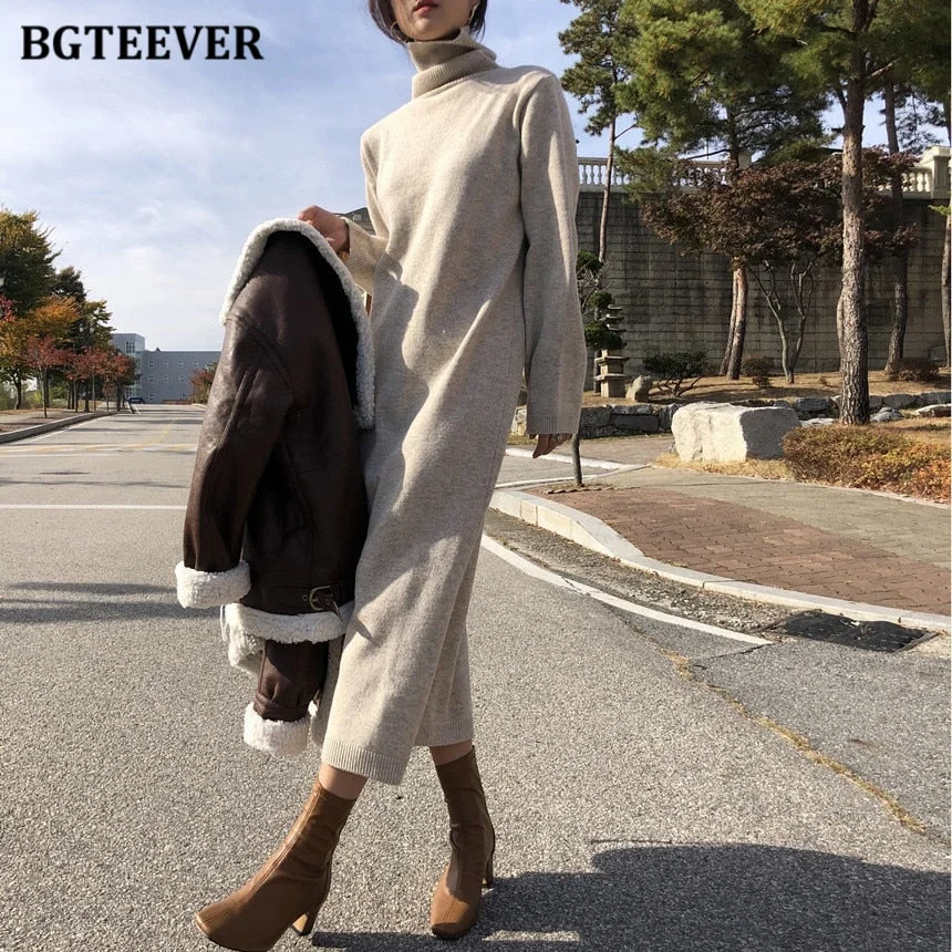 BGTEEVER Autumn Winter Loose Knitted Sweater Dress for Women Elegant Turtleneck Long Sleeve Female Dress Ladies Vestidos 2021