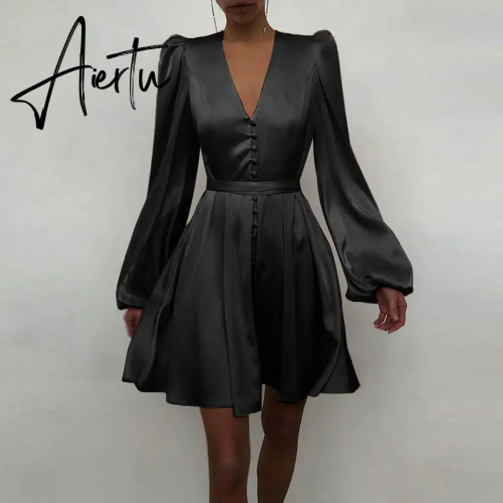 Aiertu Women Silk Dress Celmia Satin Mini Robe Summer Elegant Party Wrap Evening Dress Long Lantern Sleeve V Neck Solid Vestidos Aiertu