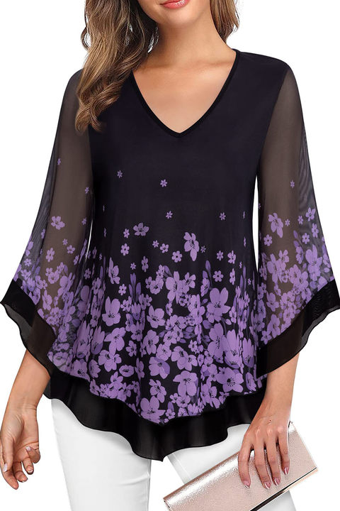 Flycurvy Plus Size Dressy Purple Chiffon Floral Print Flutter Sleeve Blouse