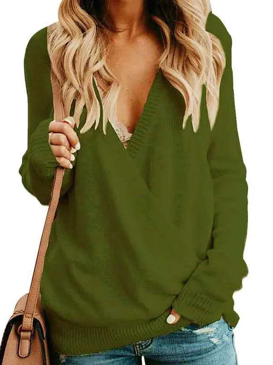 V-neck Stitching Long-sleeved Knitted Sweater