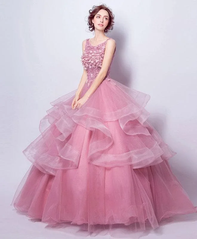 Pink Round Neck Tulle Lace Long Prom Dress, Sweet 16 Dress