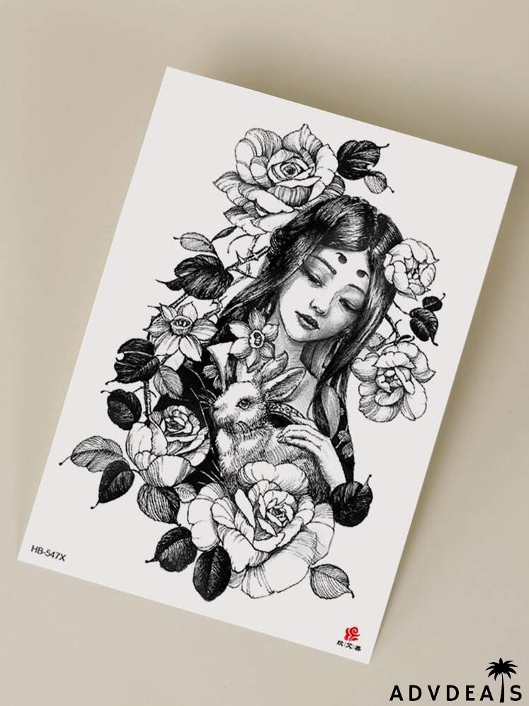 Figure & Flower Pattern Temporary Tattoo