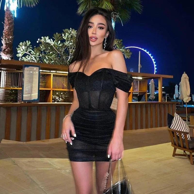  2022  Fashion Bright One Shoulder Sexy Backless Black Mini Dress Evening Party Outfits for Women Prom Straps Dresses