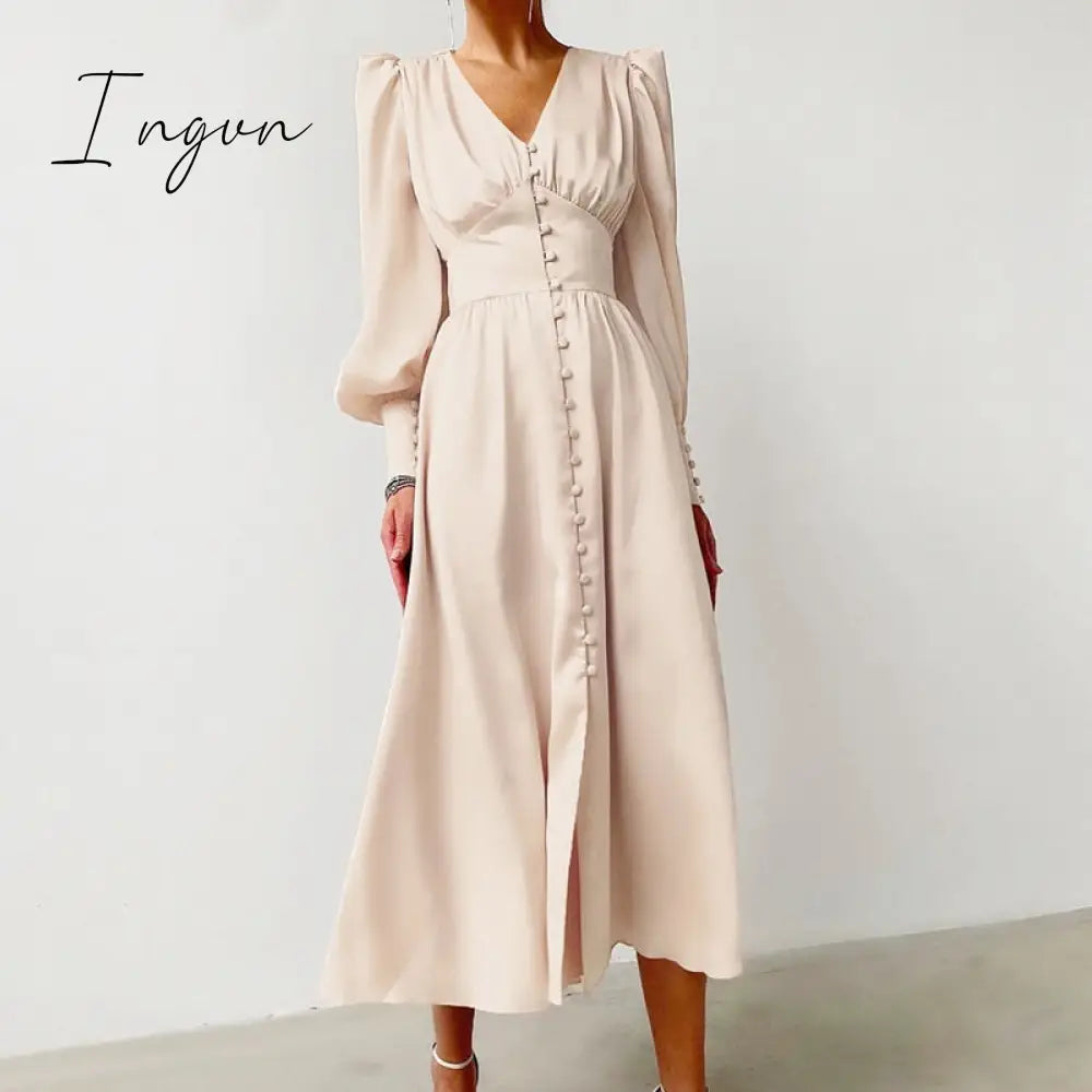 Ingvn - Beige Single Breasted Sexy Dress Party Clud High Waist Satin Long Elegant V Neck Women Midi