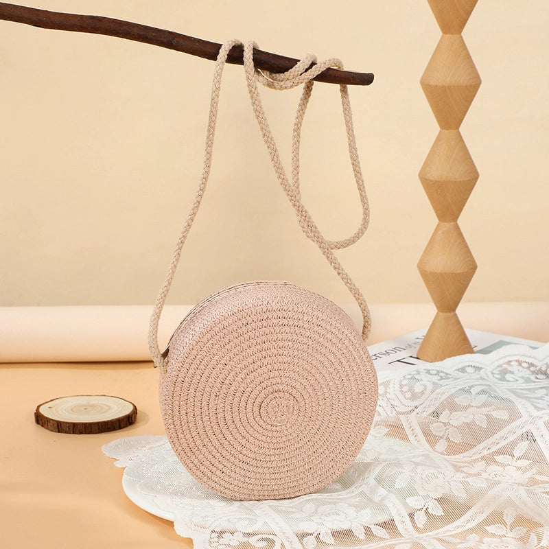 Girl’S Straw Solid Color Cute Round Zipper Shoulder Bag