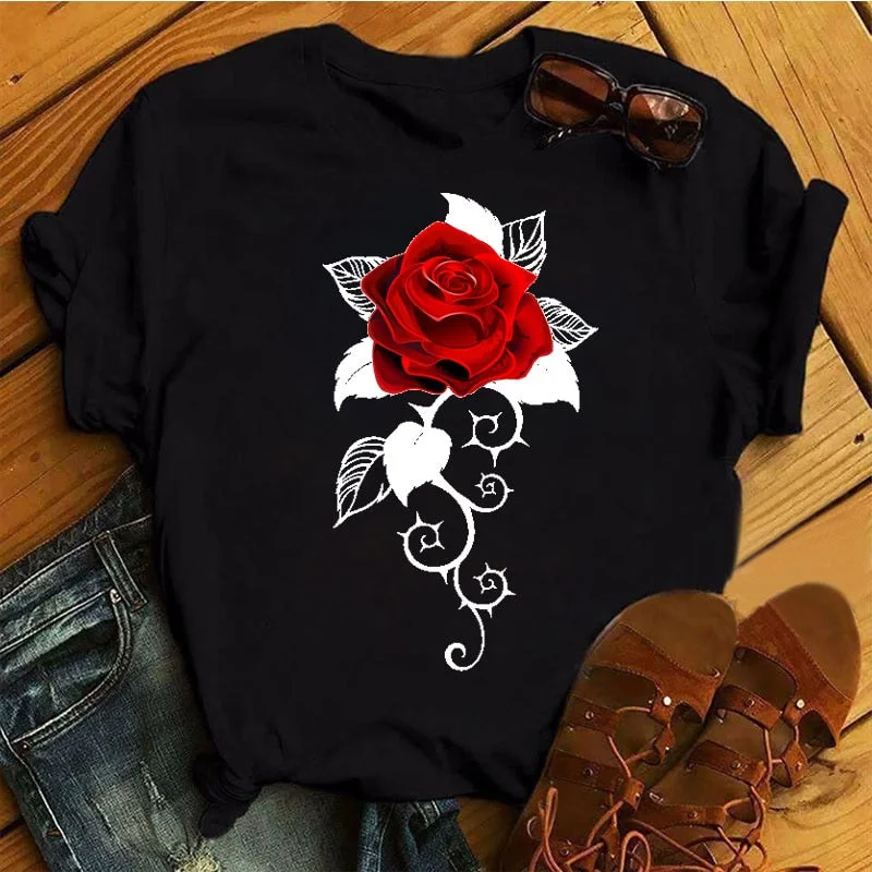 New Fashion Women Black T Shirt Red Rose Musical Note Printed T Shirt Harajuku Cute Graphic Tee Shirt Female Ladies Casual Tops