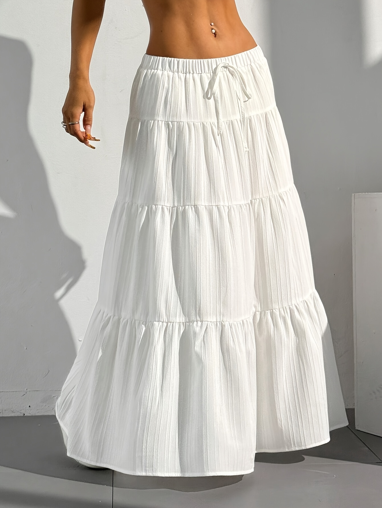 Flowy White High-Waisted Maxi Skirt | Tiered Pleated Skirt With Drawstring - All-Season Fashion, Casual To Formal Wear | IFYHOME