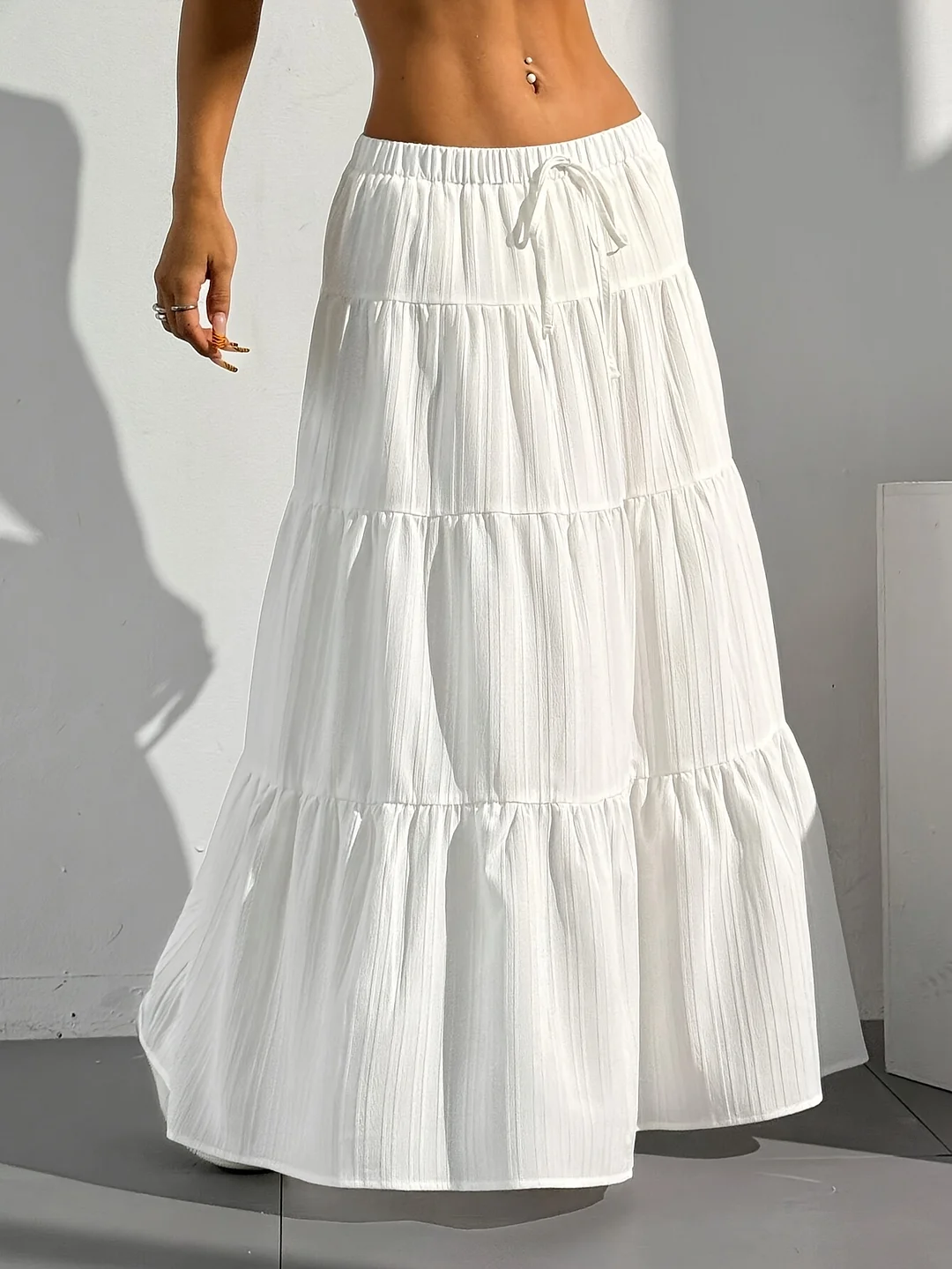 Flowy White High-Waisted Maxi Skirt | Tiered Pleated Skirt With Drawstring - All-Season Fashion, Casual To Formal Wear | IFYHOME