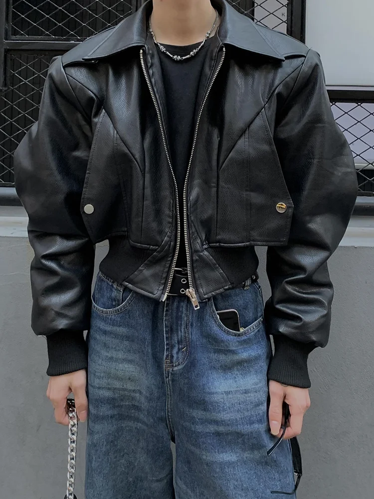 Aonga Spring Autumn Cool Waterproof Black Pu Leather Jacket Men Shoulder Pads Long Sleeve Zipper Luxury Designer Clothes aonga
