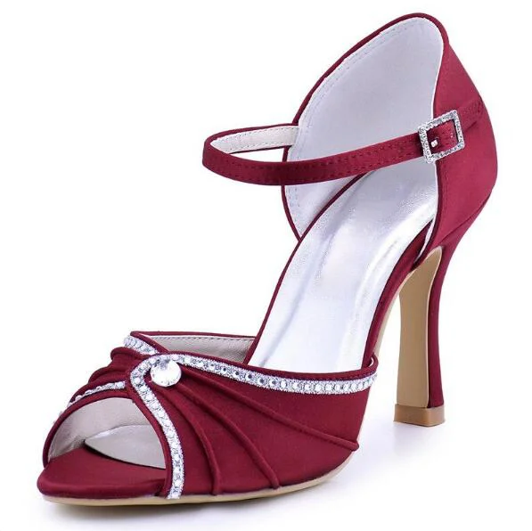Custom Made Burgundy Peep Toe Heels Satin Sandals |FSJ Shoes