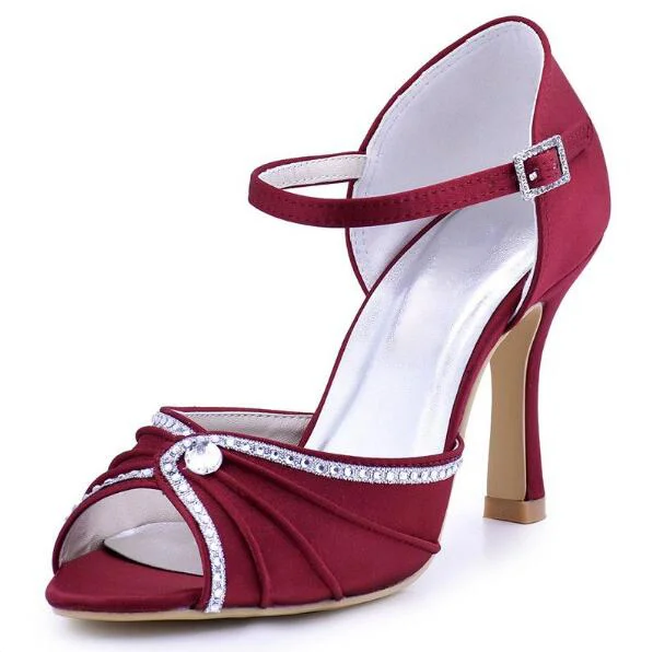 Burgundy Satin Peep Toe Sandals Heels Vdcoo