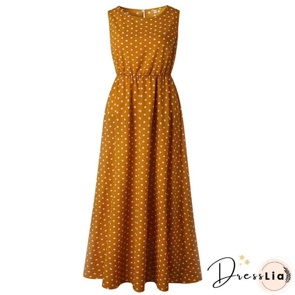 Holiday Summer Women Boho Sleeveless Maxi Polka Dot Dress Casual Beach Long Dress