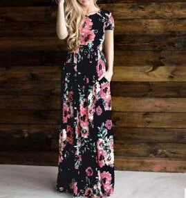 Uveng Summer Round Neck Flowers Print Long Sleeve Dress